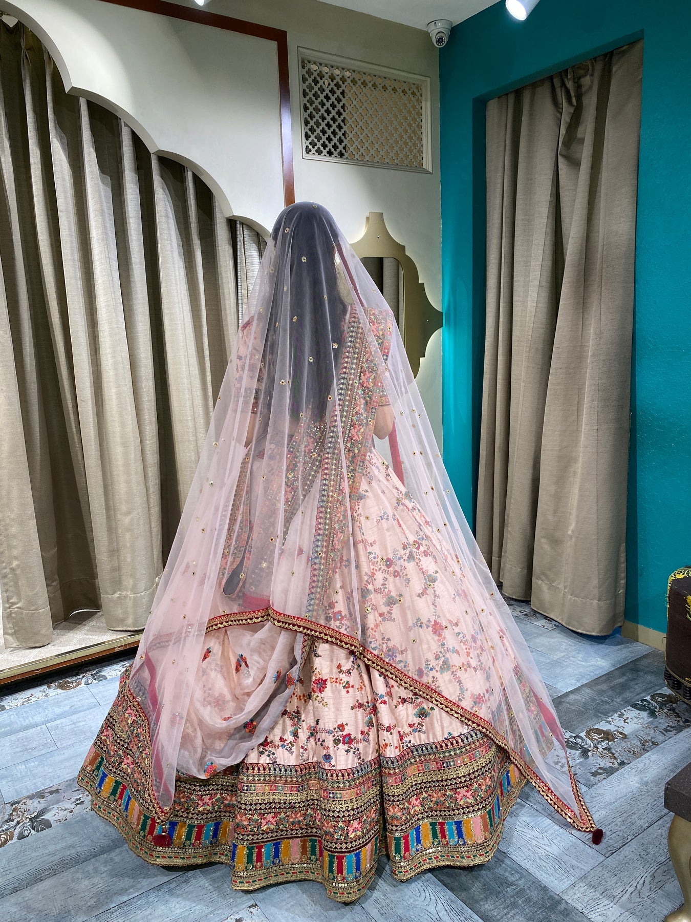 Elegant multi color floral motif printed and embroidered lehanga