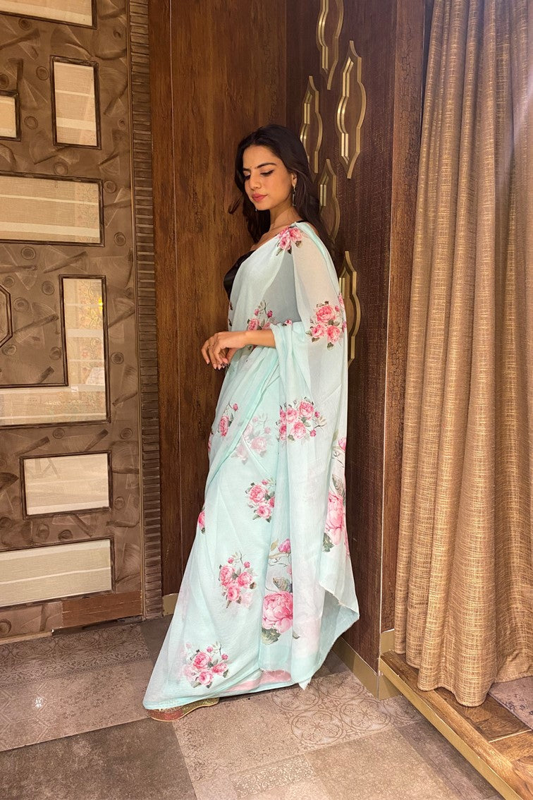 Elegant blue color floral motif printed saree