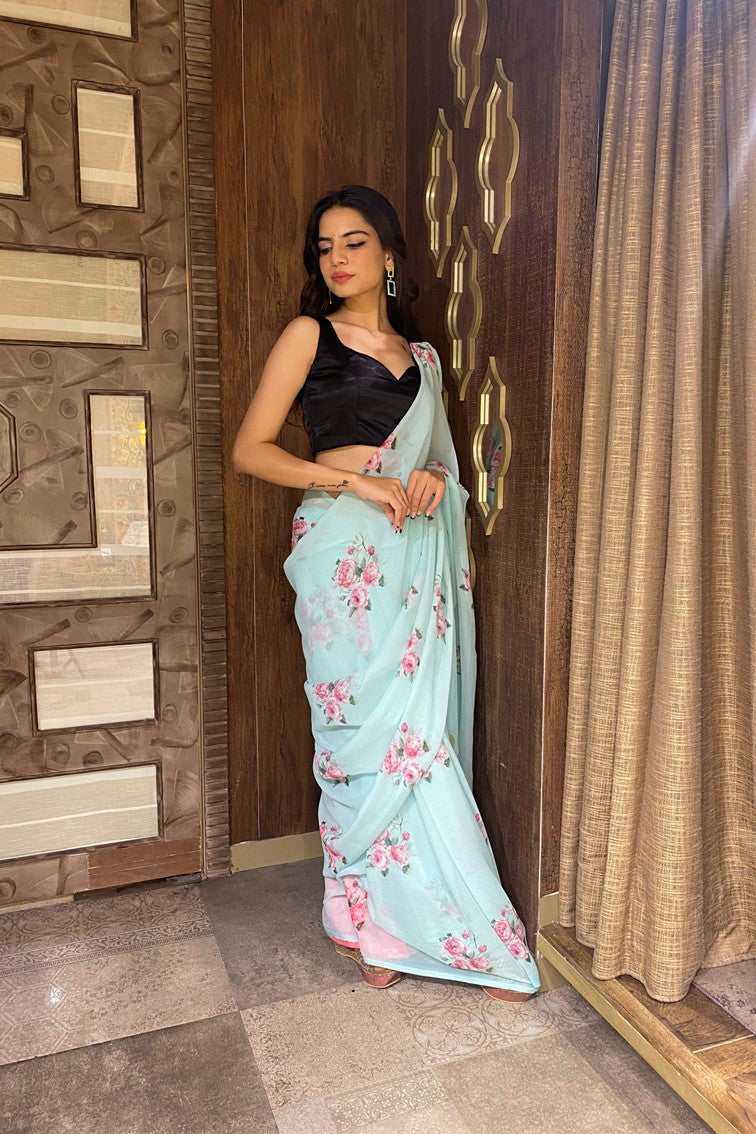 Elegant blue color floral motif printed saree