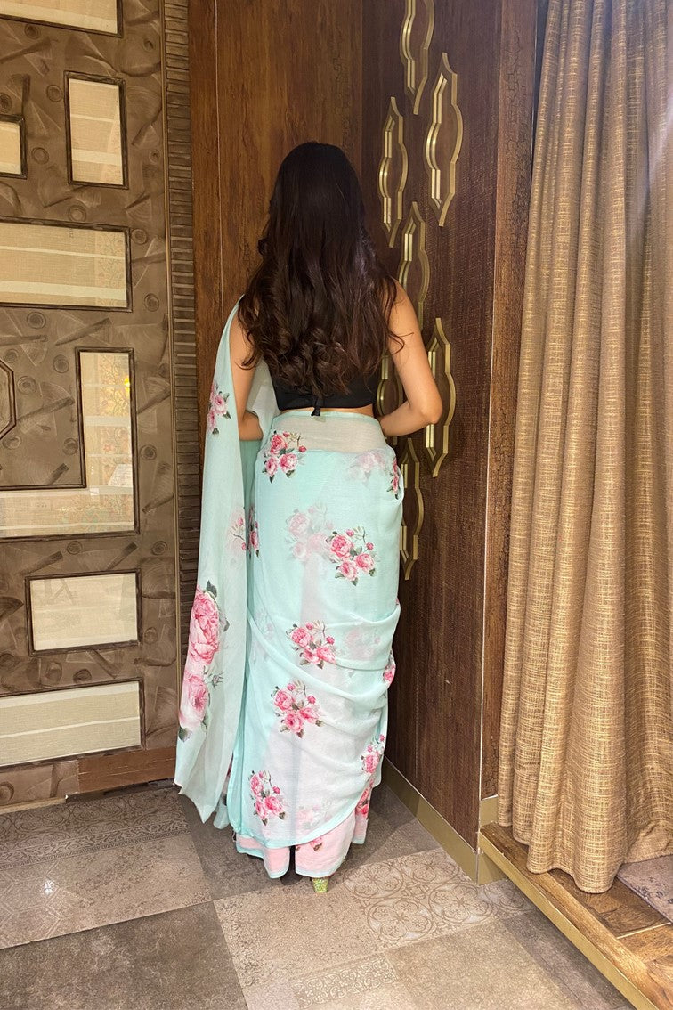 Elegant blue color floral motif printed saree