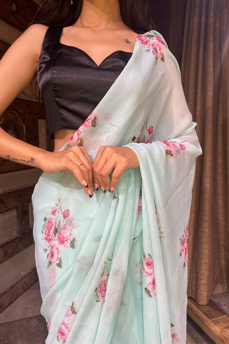 Elegant blue color floral motif printed saree