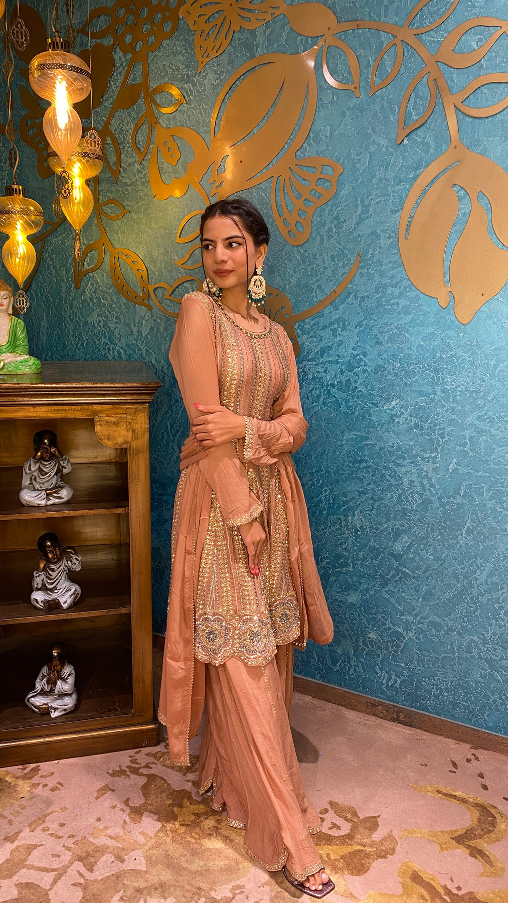 Classy Peach Color Floral Motif Embroidered Kurti Set