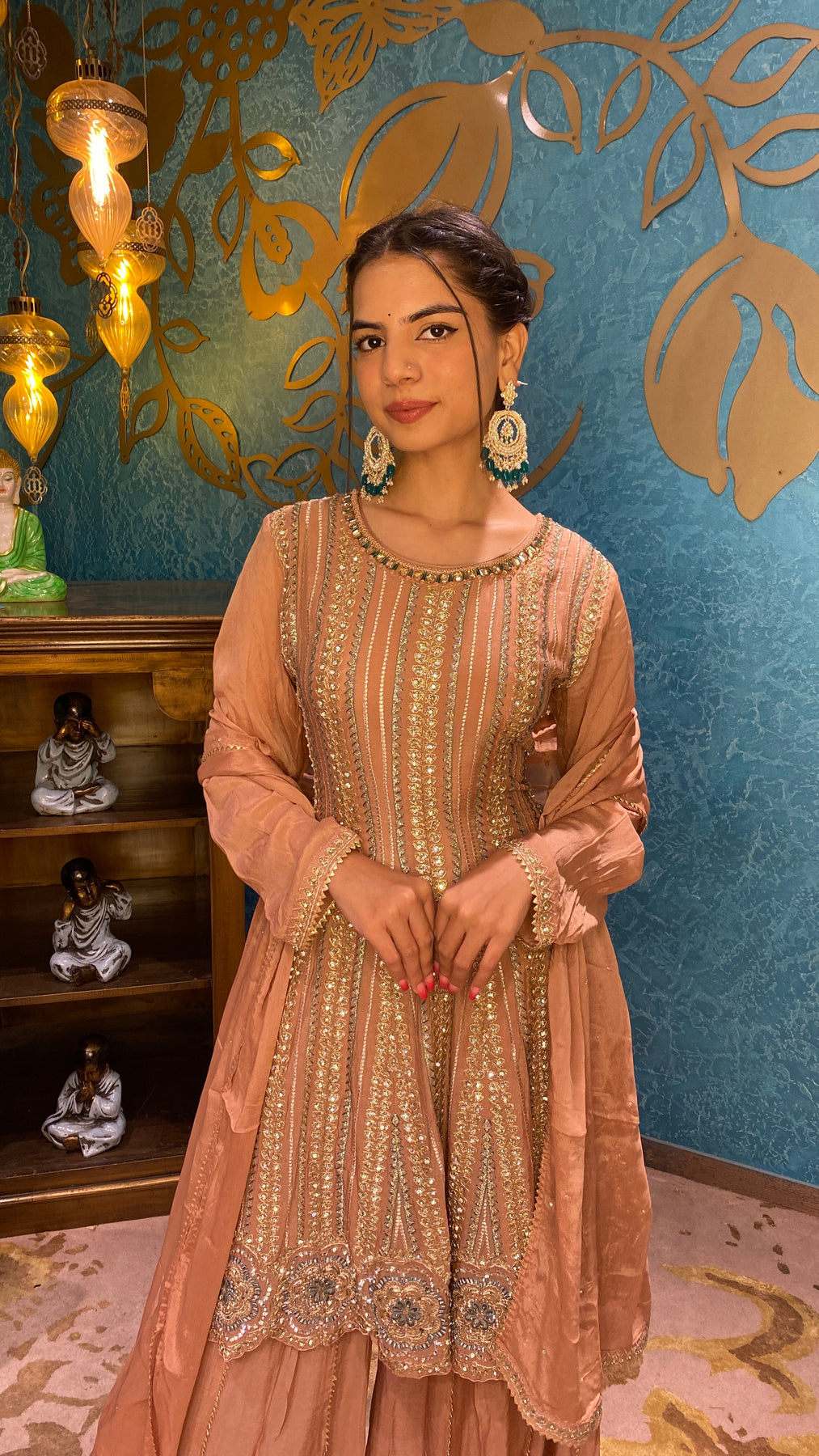 Classy Peach Color Floral Motif Embroidered Kurti Set