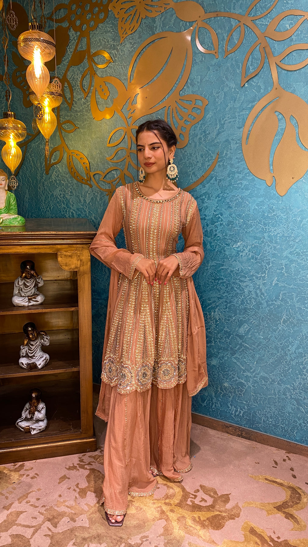 Classy Peach Color Floral Motif Embroidered Kurti Set