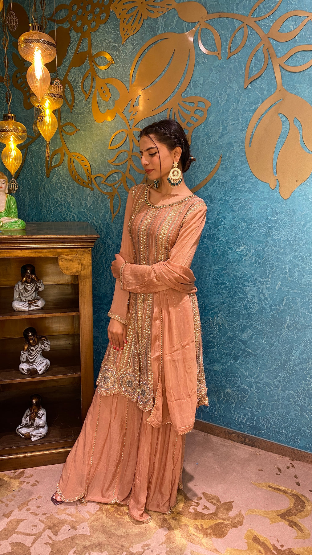 Classy Peach Color Floral Motif Embroidered Kurti Set