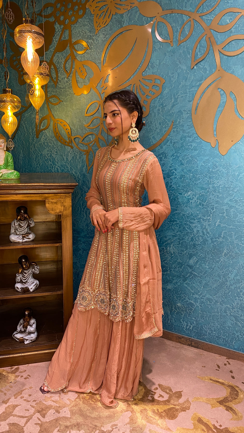 Classy Peach Color Floral Motif Embroidered Kurti Set