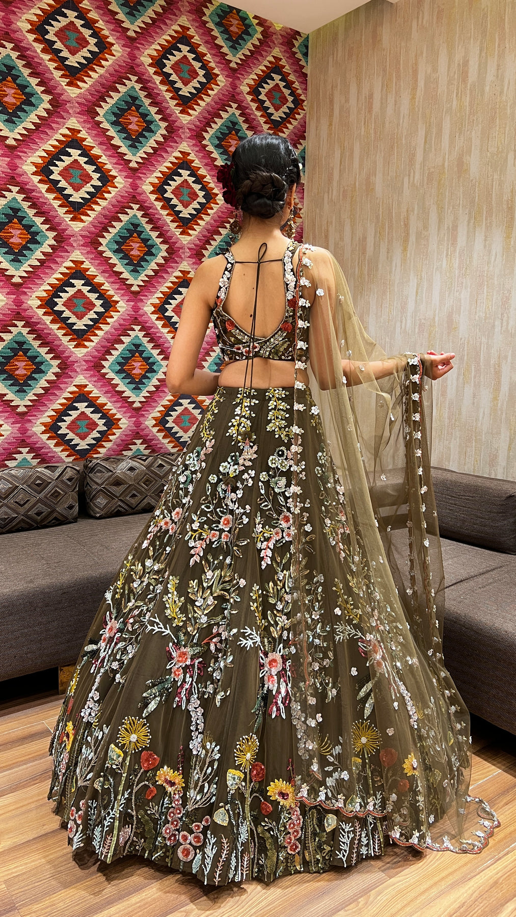 Pista Green Floral Motif Embroidered Lehenga Set