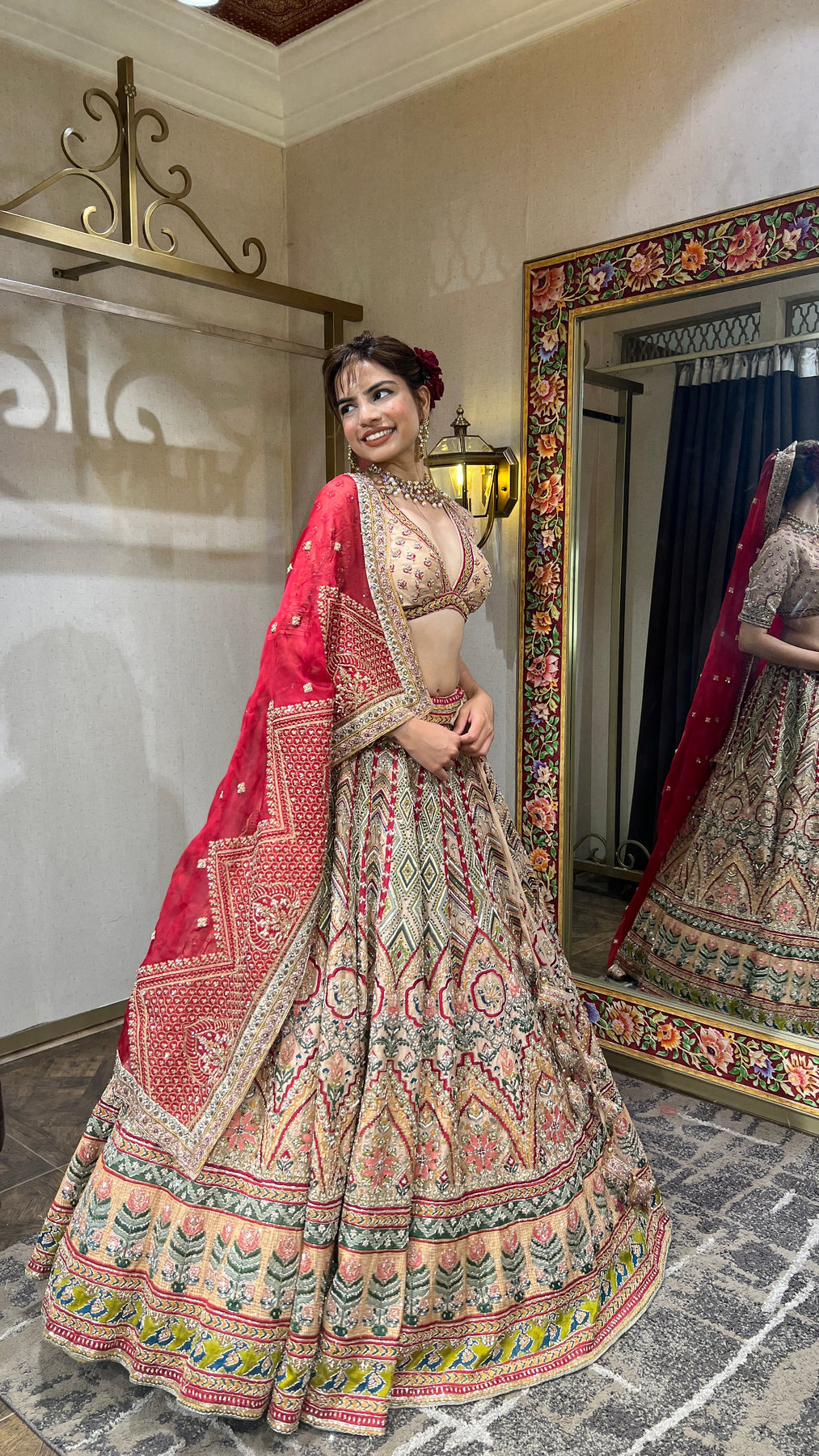 Beautiful Red & Beige Color Floral Embroidered Bridal Lehenga