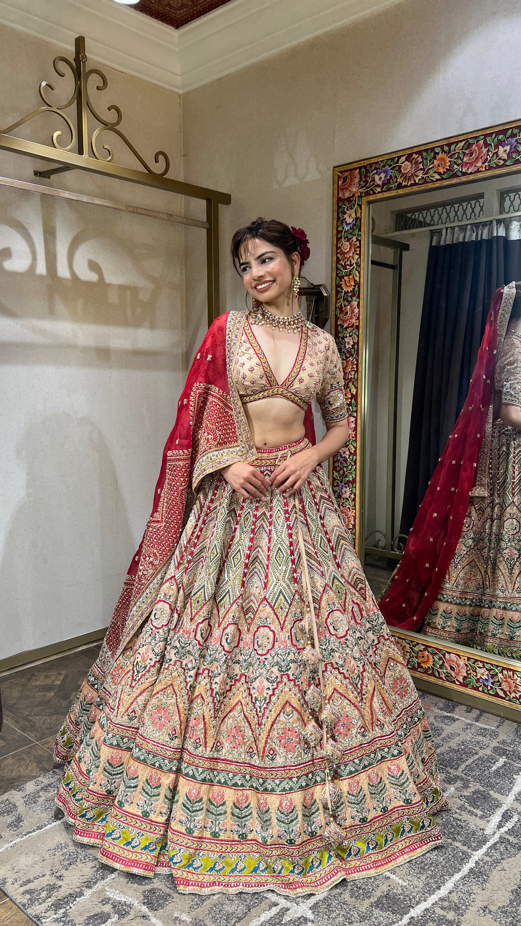 Beautiful Red & Beige Color Floral Embroidered Bridal Lehenga