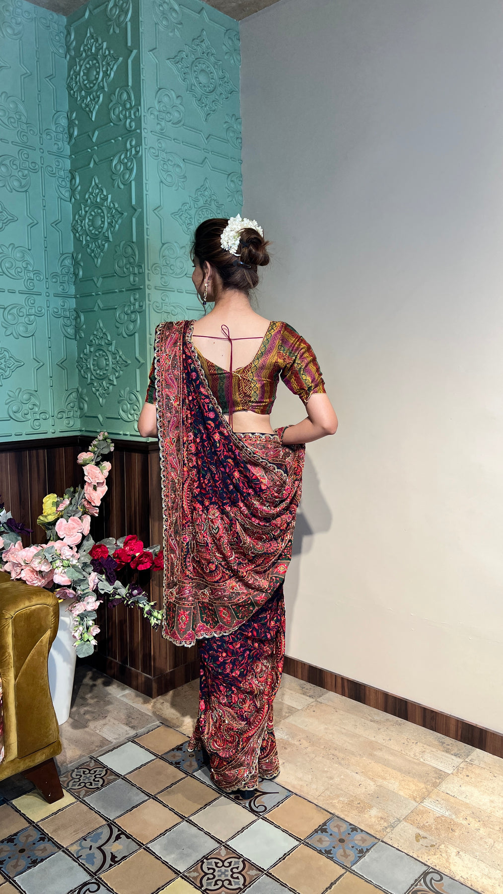 classic blue color floral motif embroidered saree