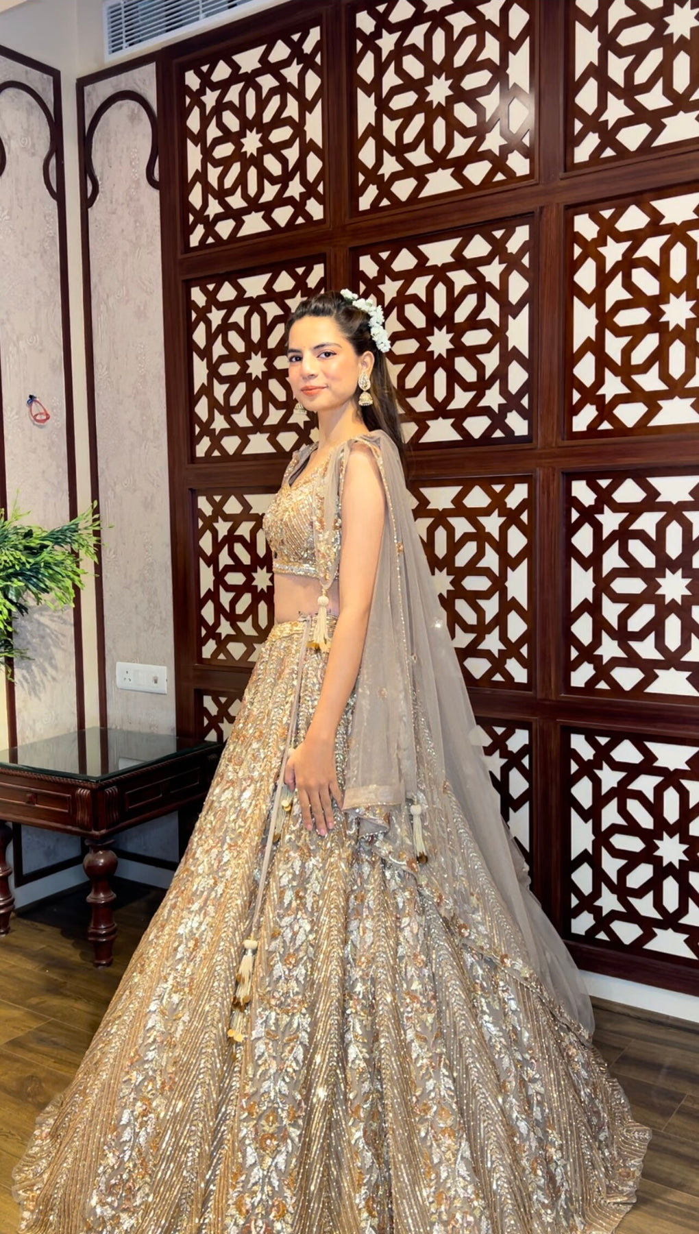 adorable golden color geometrical motif embroidered lehenga