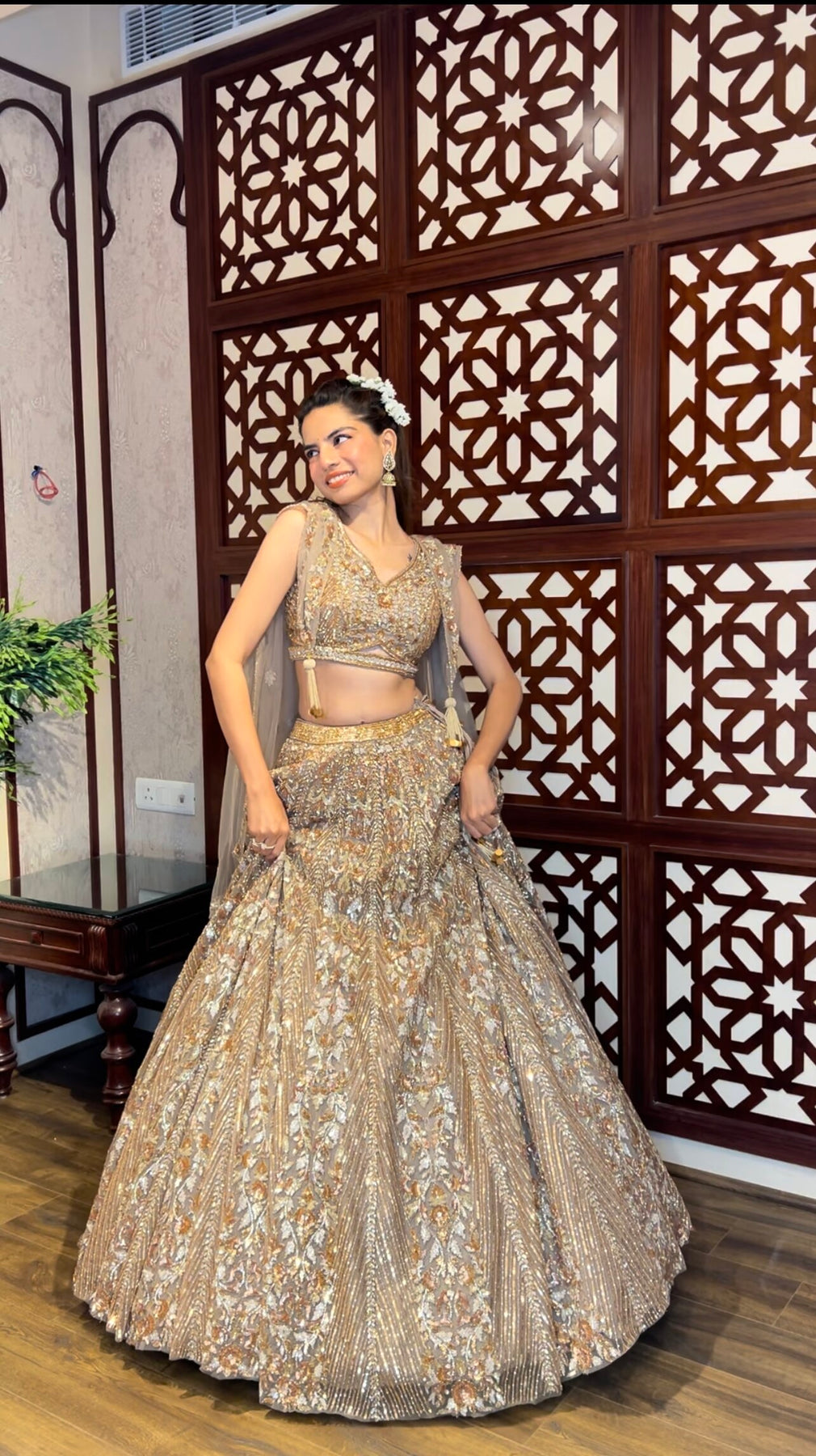 adorable golden color geometrical motif embroidered lehenga