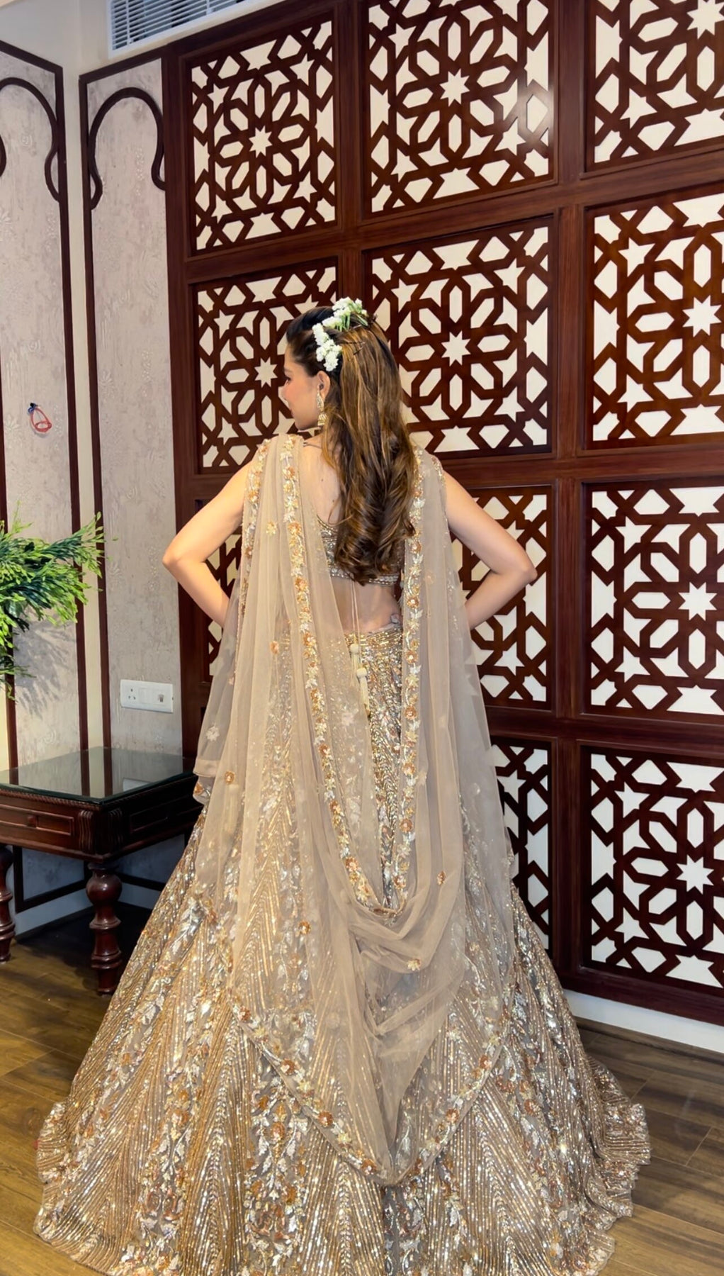 adorable golden color geometrical motif embroidered lehenga