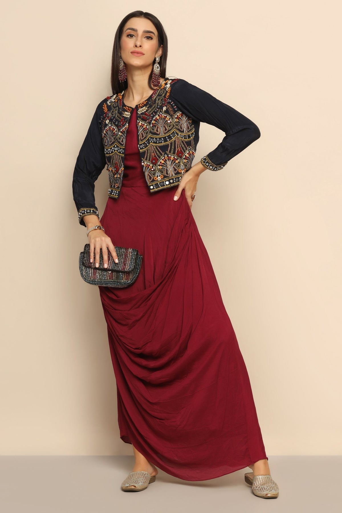 Reflective Sophistication: Wine Dress with Mirror Thread Work