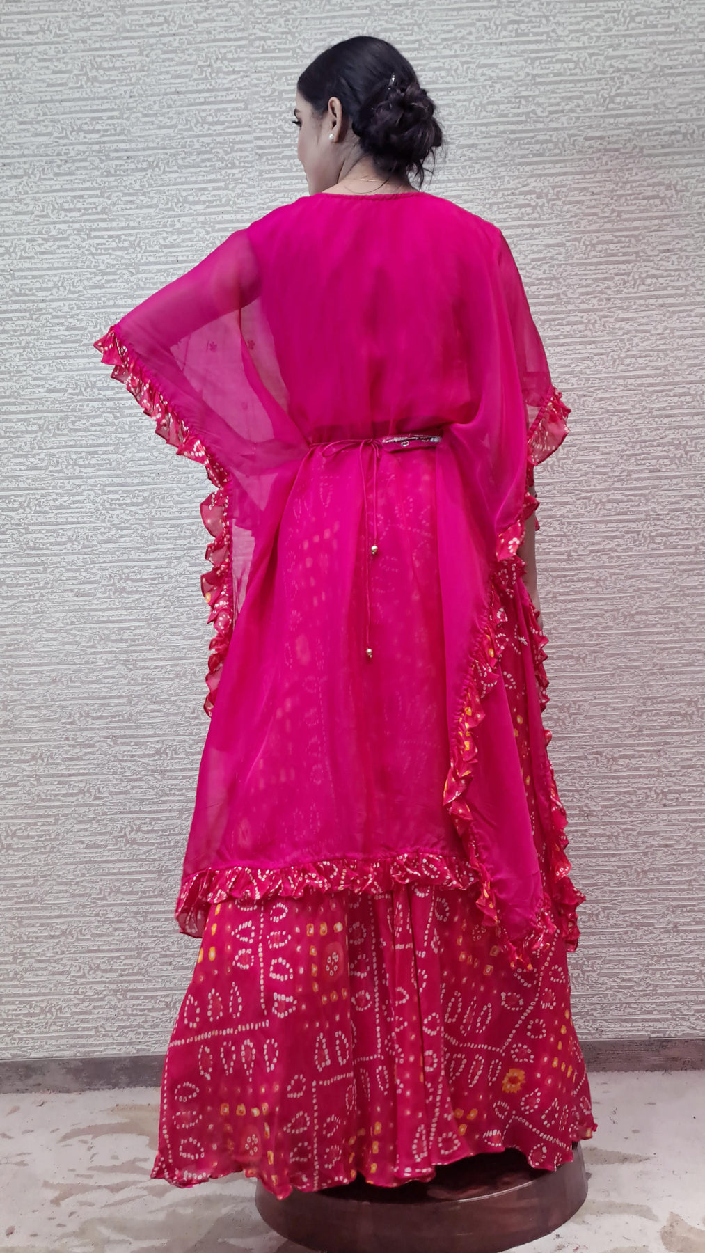 Trendy Kaftan Dress In Vibrant Rani Pink Color With Bandhej Skirt In Chiffon Fabric