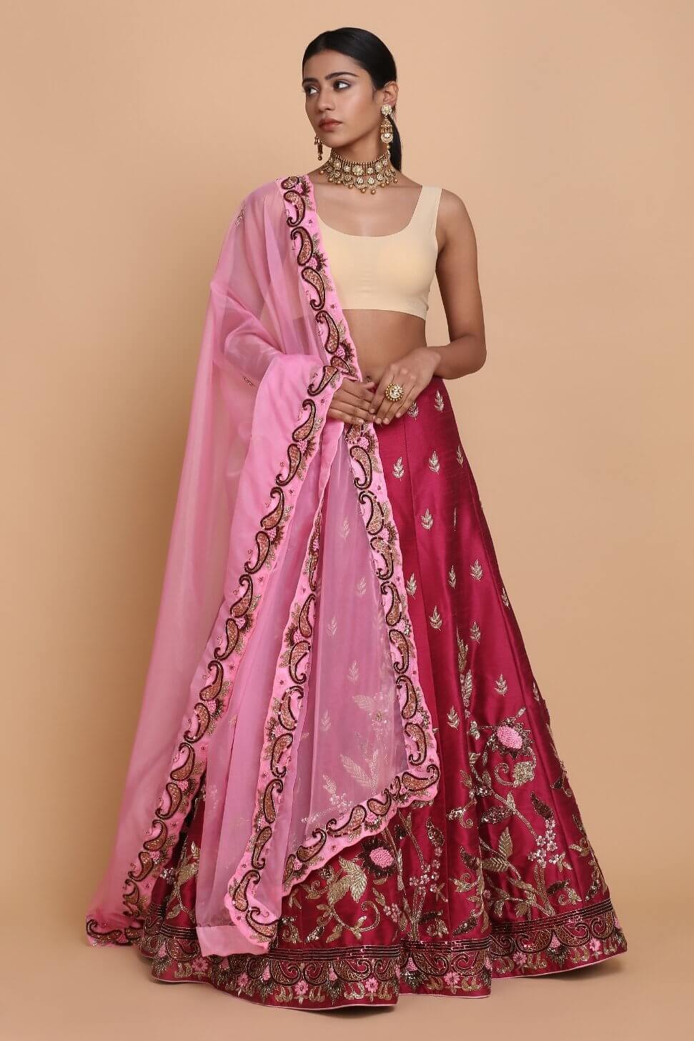 Traditional Wine Lehenga with Scalloped Dupatta