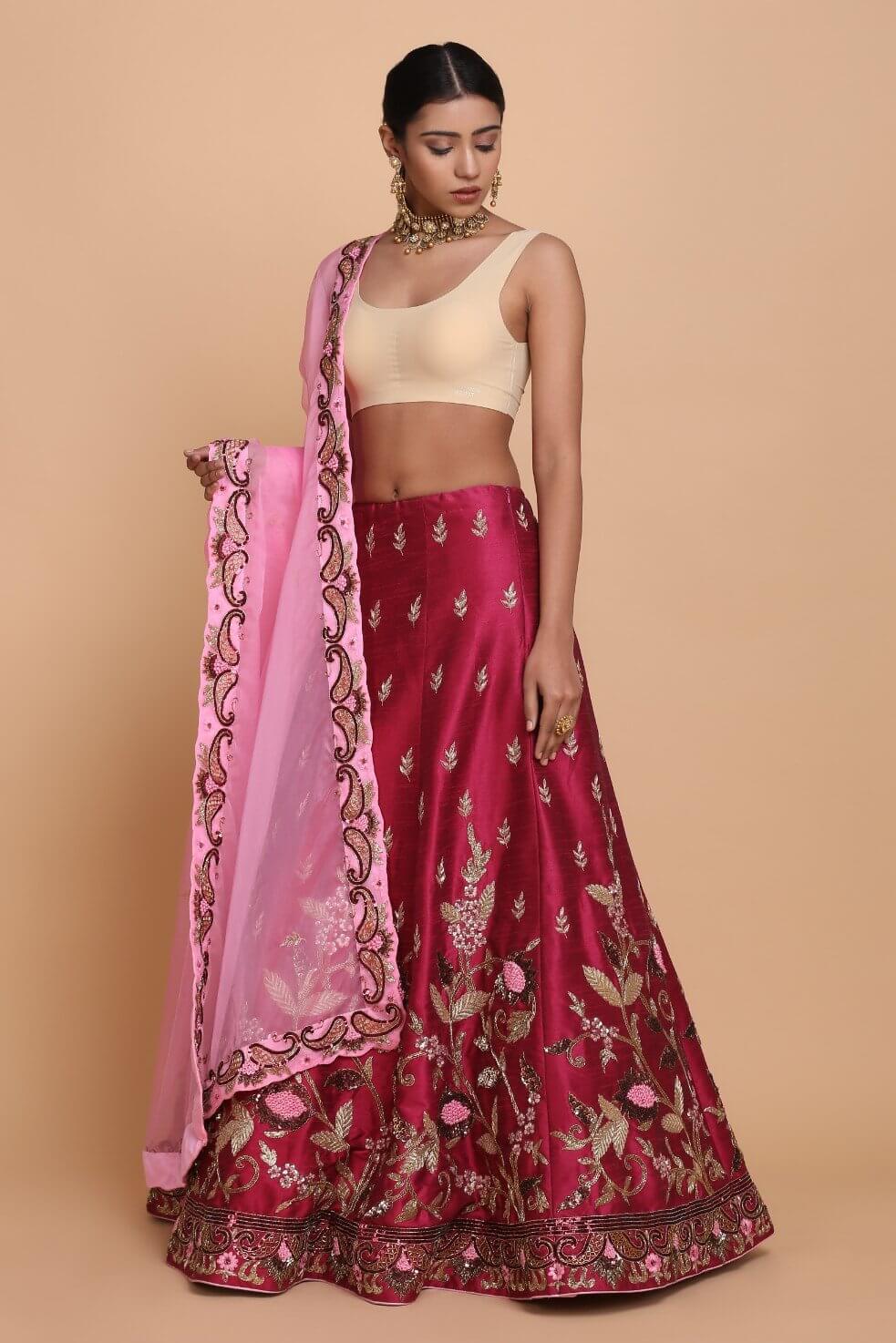 Traditional Wine Lehenga with Scalloped Dupatta