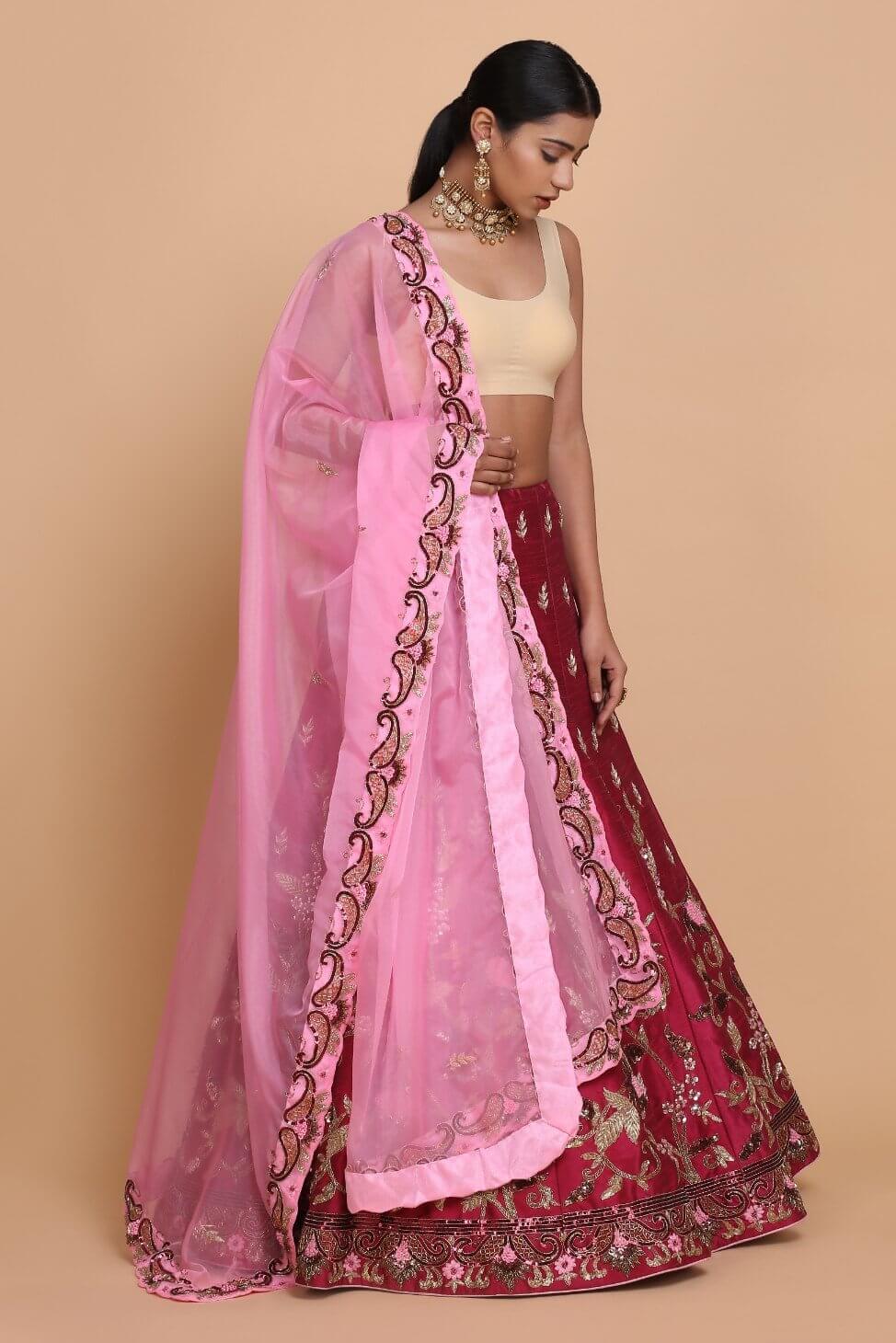 Traditional Wine Lehenga with Scalloped Dupatta