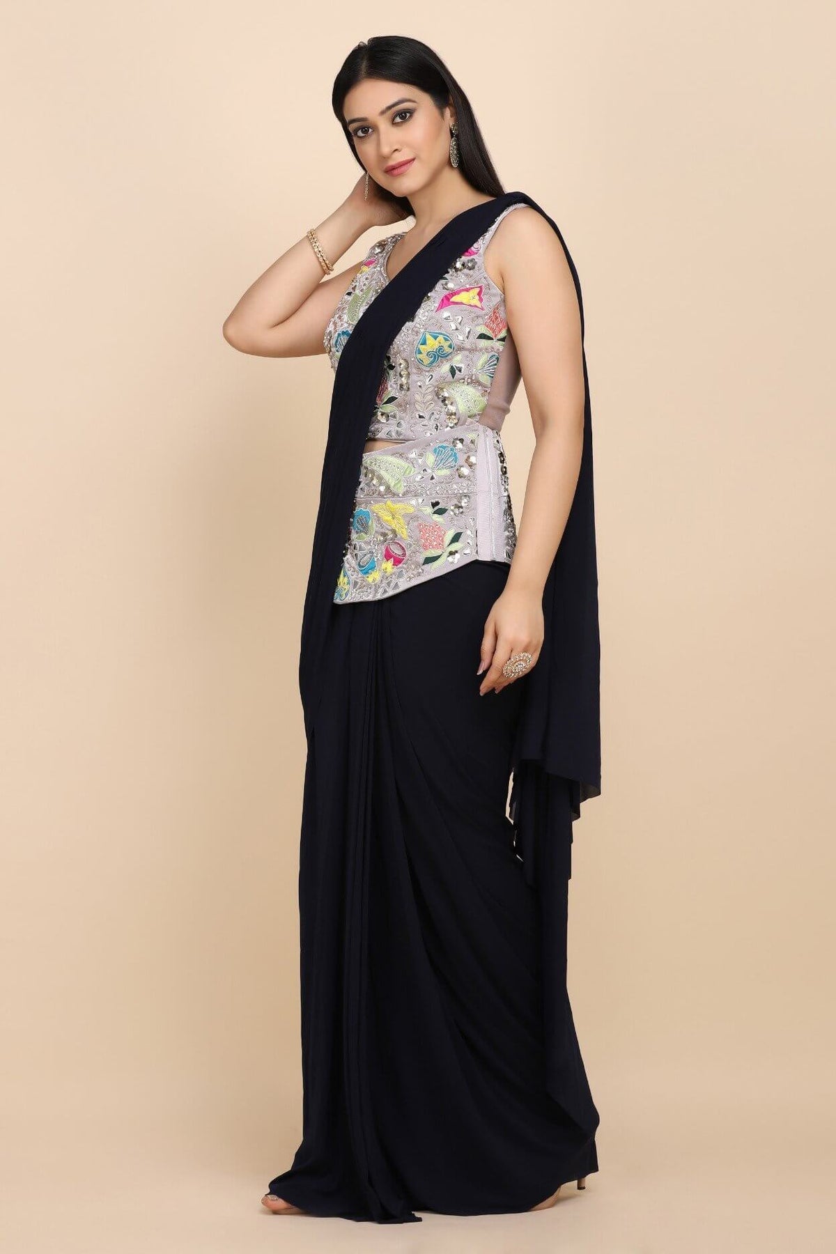 BLACK SAREE WITH EMBELLISHED BLOUSE AND WAISTBELT