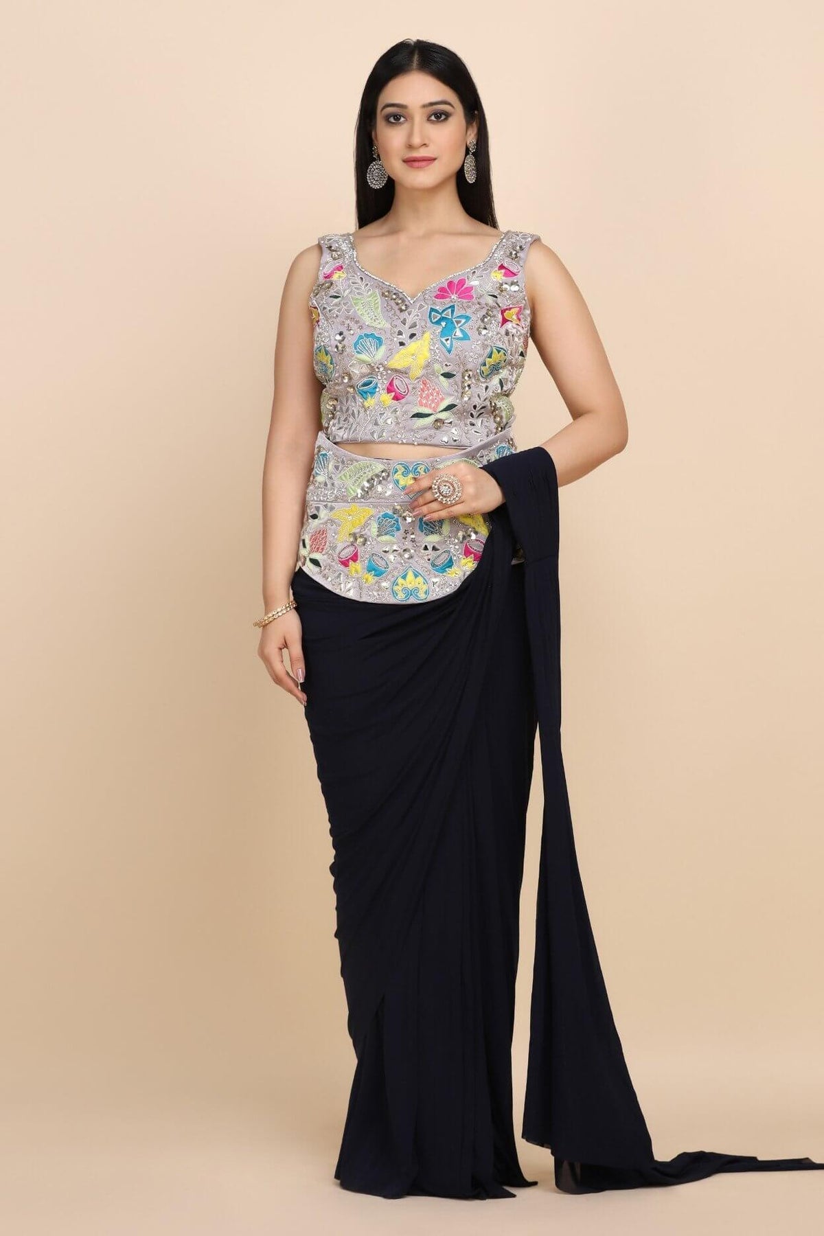 BLACK SAREE WITH EMBELLISHED BLOUSE AND WAISTBELT