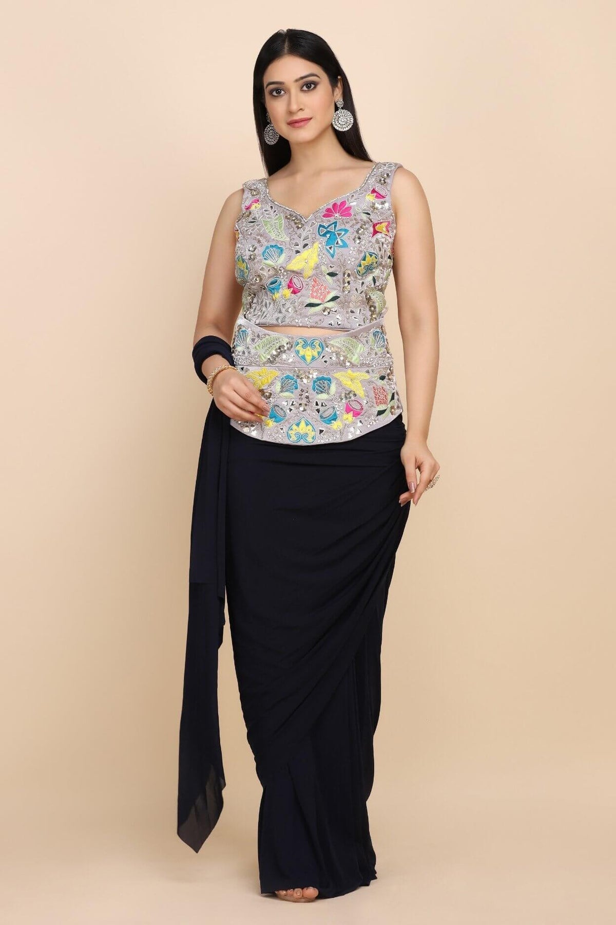 BLACK SAREE WITH EMBELLISHED BLOUSE AND WAISTBELT
