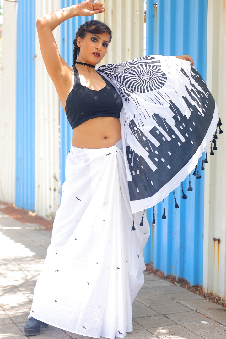 Screen Printed Mulmul Saree The Rumbling Clouds - White (SAREE)