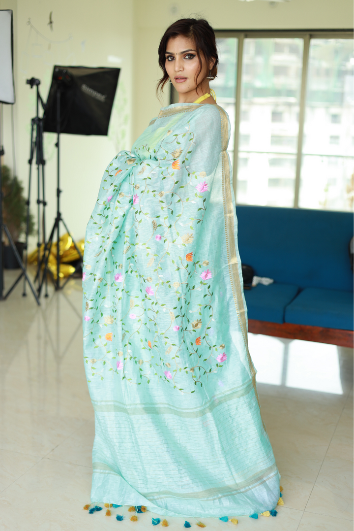 Embroidered Silk Linen Saree Geet (SAREE)