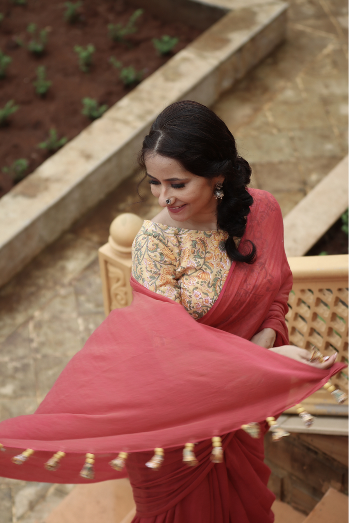 Mulmul Saree with Block Printed Tassels Mitti sa Bhoora (SAREE)