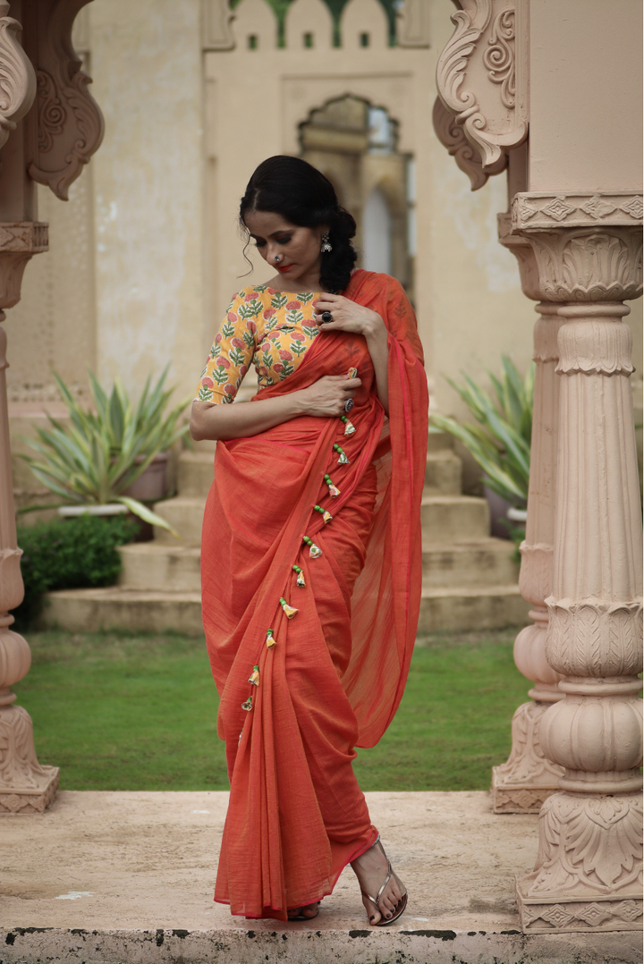 Mulmul Saree with Block Printed Tassels Sukhe Patton sa Narangi (SAREE)