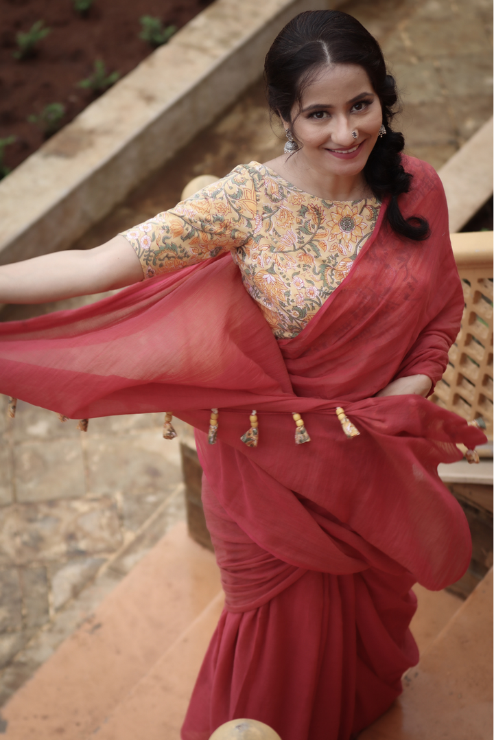 Mulmul Saree with Block Printed Tassels Mitti sa Bhoora (SAREE)