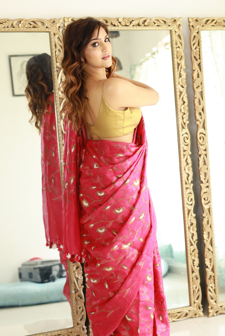 Embroidered Linen Saree Pink Agate (SAREE)