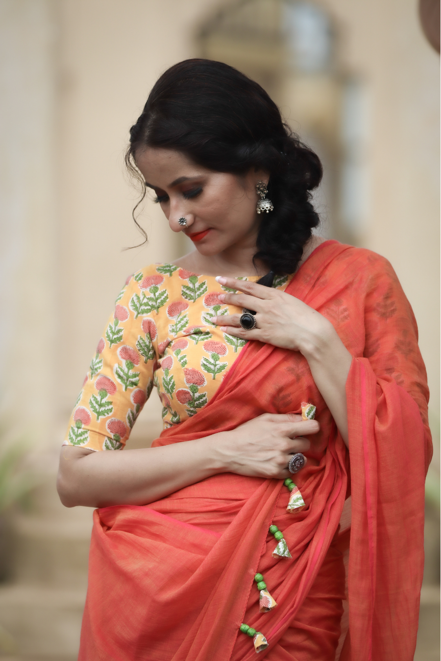 Mulmul Saree with Block Printed Tassels Sukhe Patton sa Narangi (SAREE)
