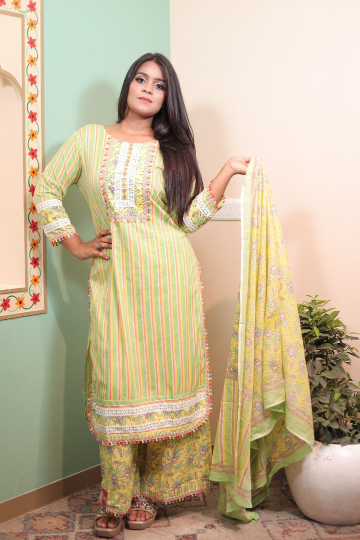 Vibrant Multi-Color Cotton Kurti Set with Pant and Dupatta