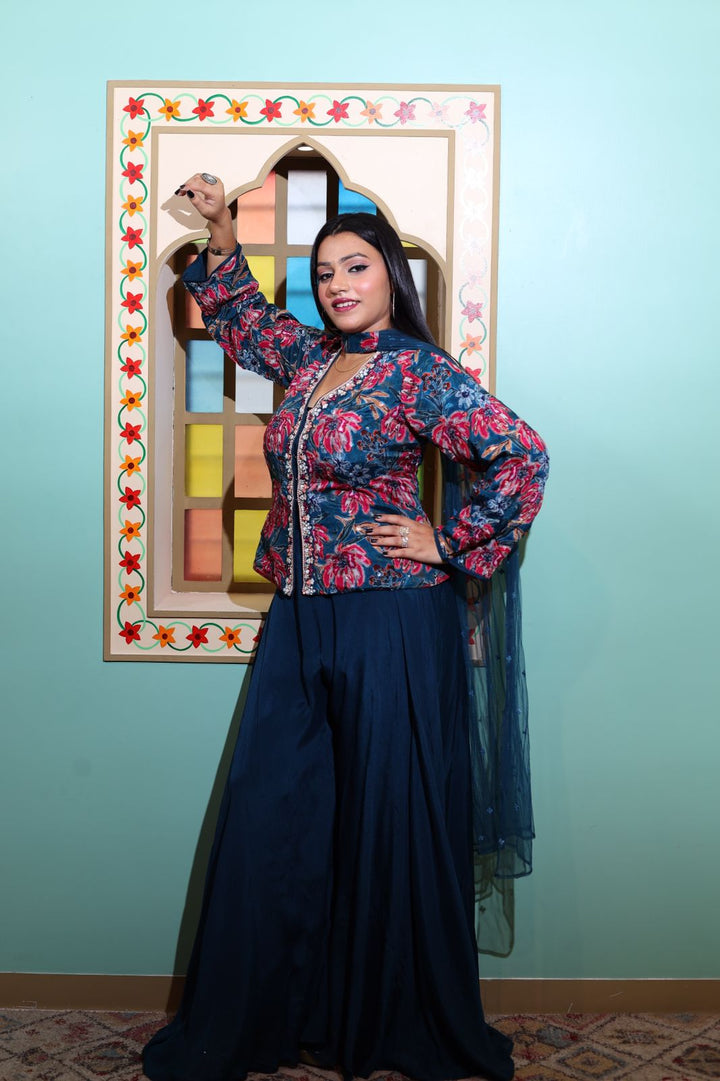Multi-Color Chinnon Peplum Kurti with Sharara and Dupatta