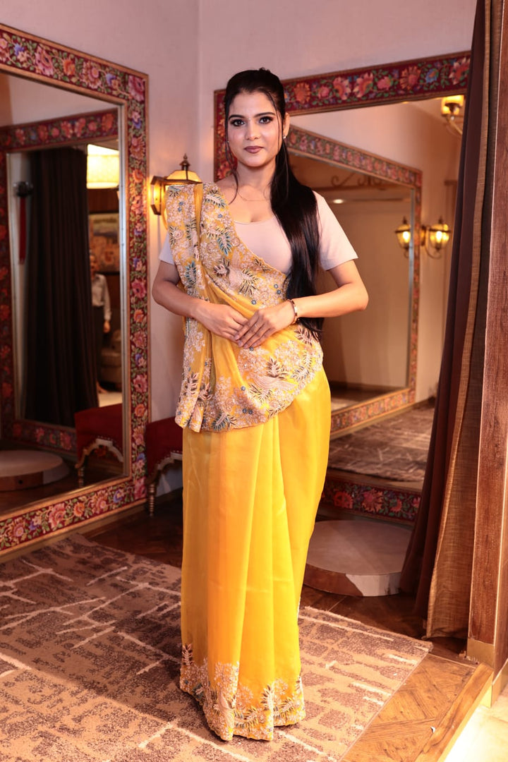 Radiant Yellow Organza Saree with Exquisite Embroidery