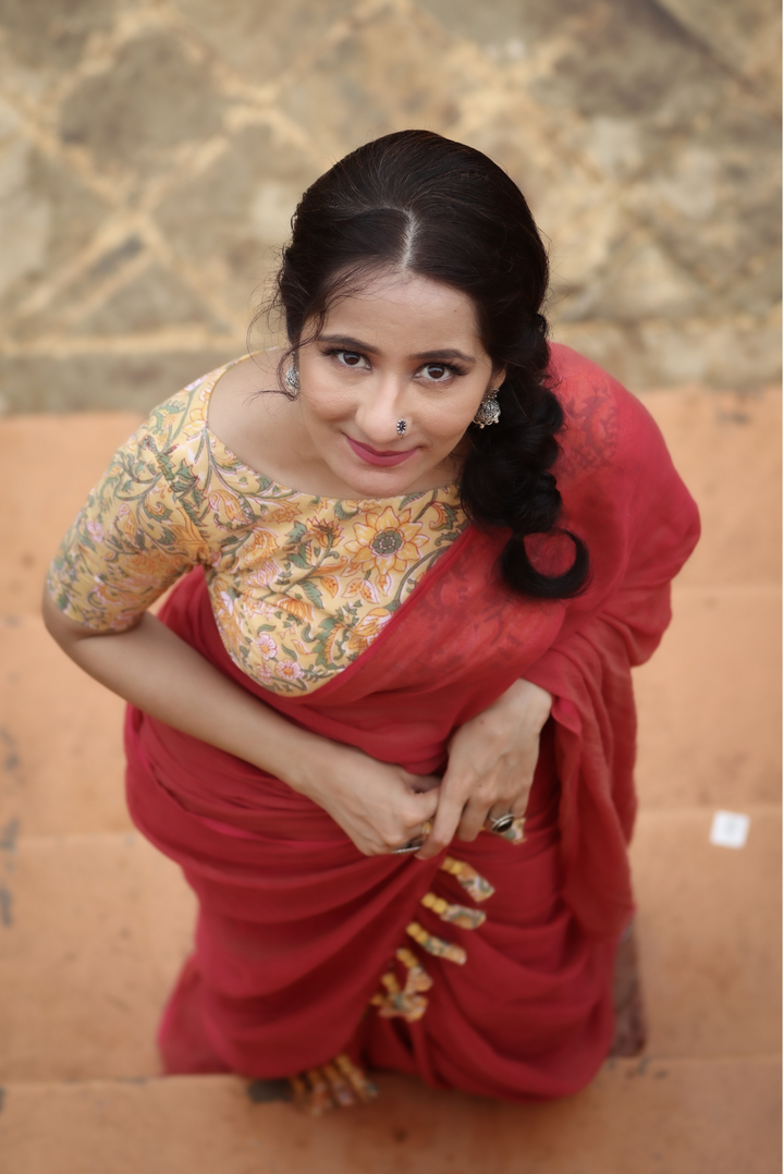 Mulmul Saree with Block Printed Tassels Mitti sa Bhoora (SAREE)