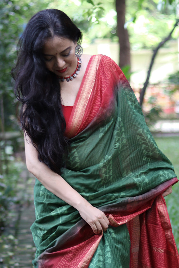 Block Printed Maheshwari Silk Saree Patjhad (SAREE)