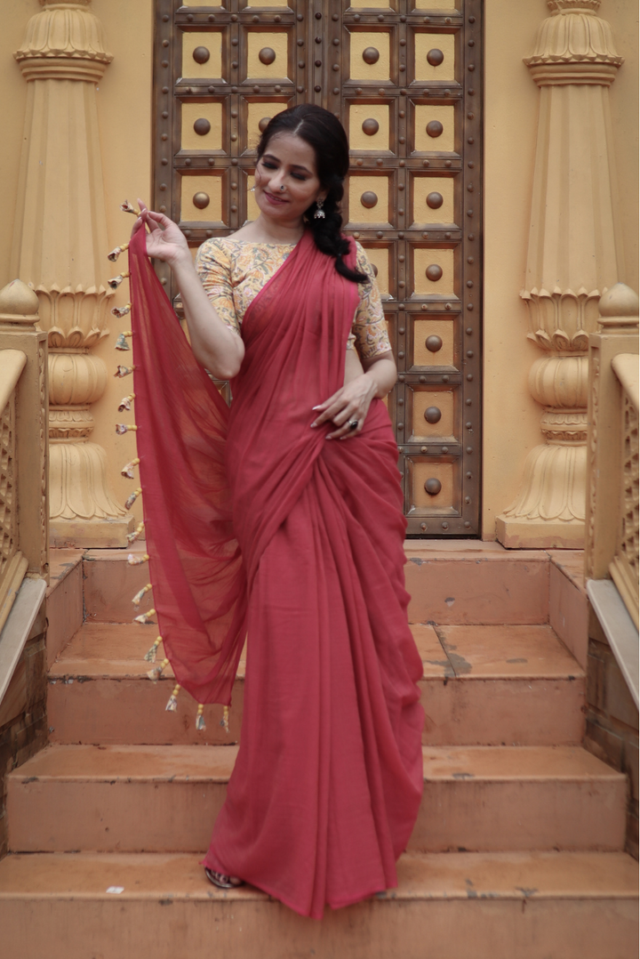Mulmul Saree with Block Printed Tassels Mitti sa Bhoora (SAREE)