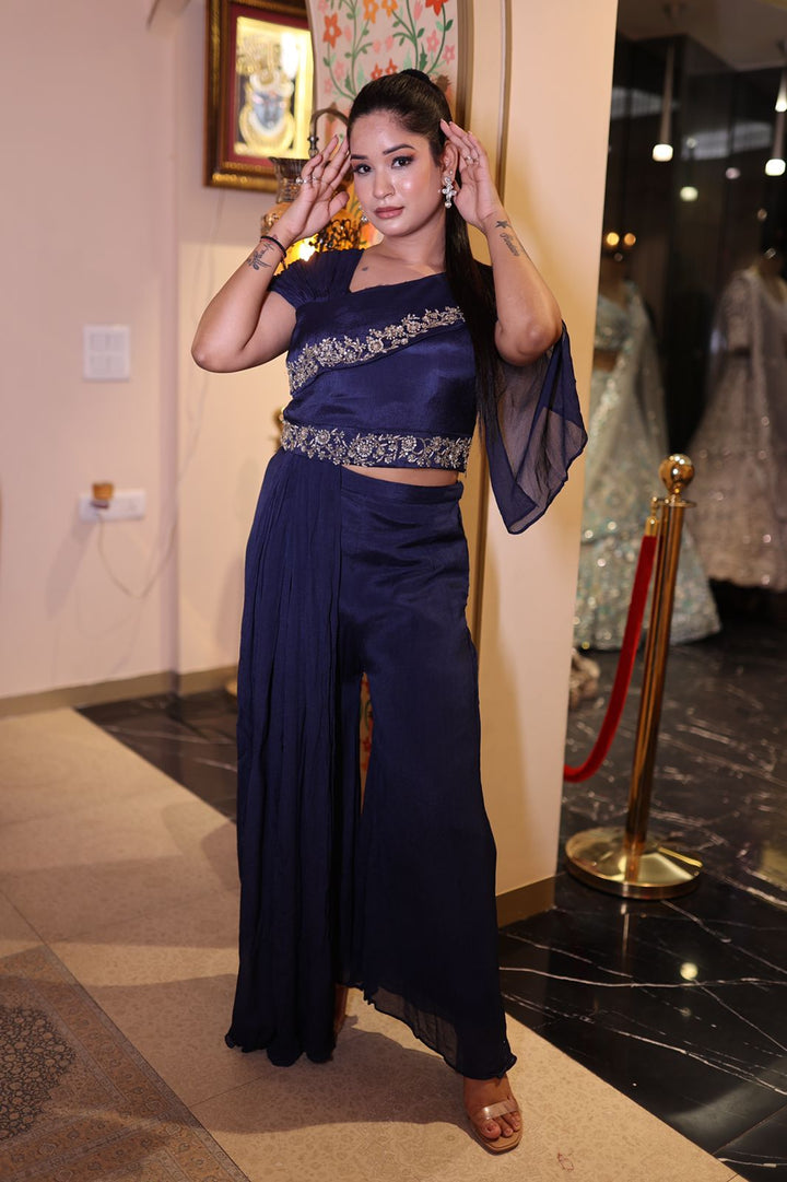 Chic Dark Blue Chinnon Indo Western Dress