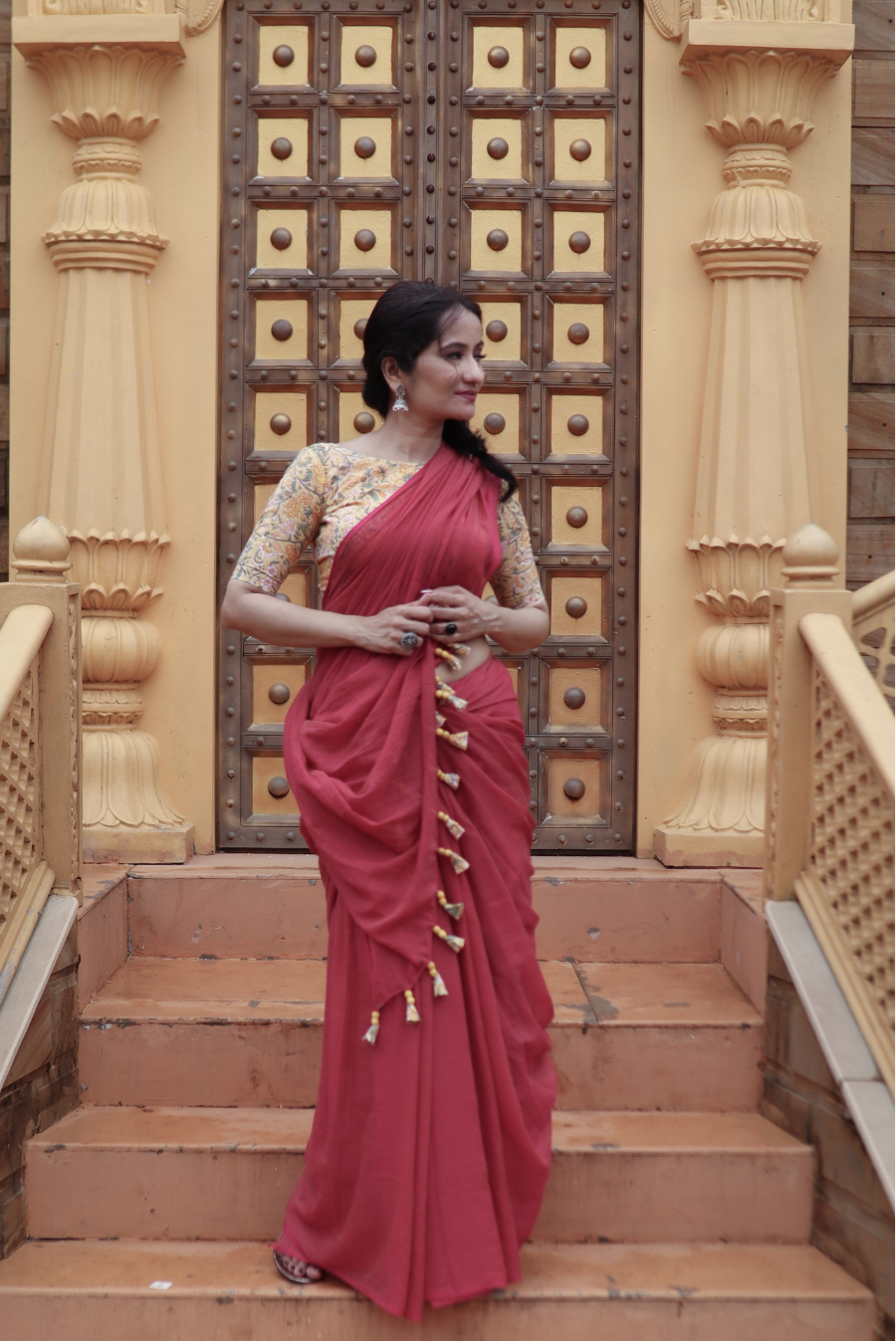 Mulmul Saree with Block Printed Tassels Mitti sa Bhoora (SAREE)