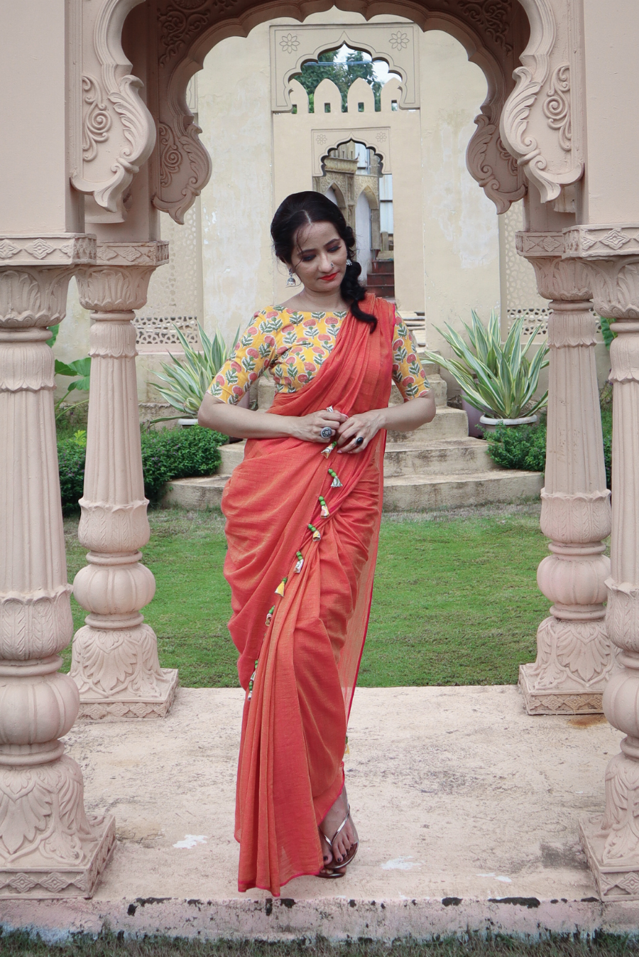 Mulmul Saree with Block Printed Tassels Sukhe Patton sa Narangi (SAREE)
