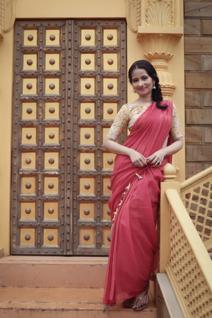 Mulmul Saree with Block Printed Tassels Mitti sa Bhoora (SAREE)