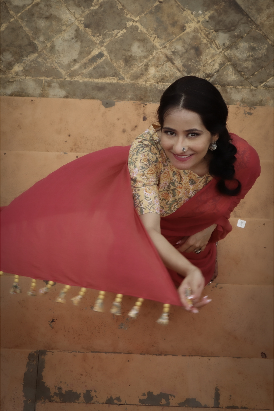 Mulmul Saree with Block Printed Tassels Mitti sa Bhoora (SAREE)