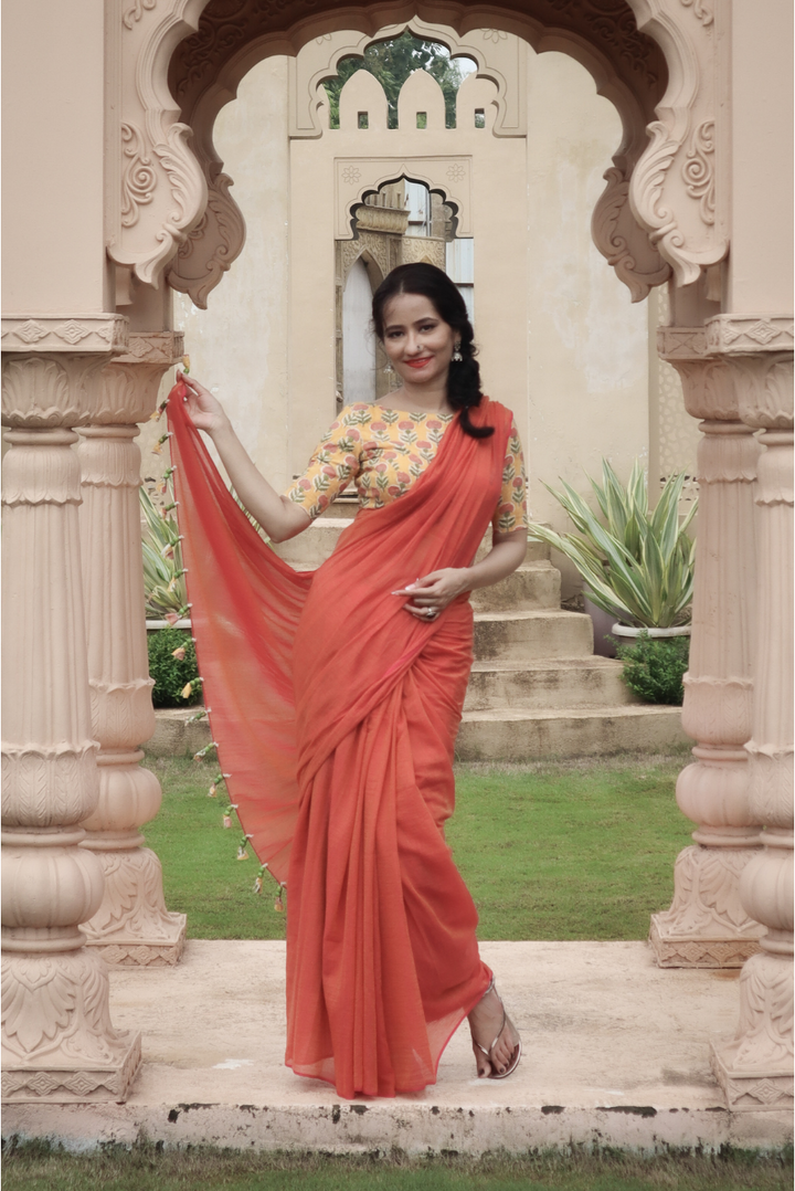 Mulmul Saree with Block Printed Tassels Sukhe Patton sa Narangi (SAREE)