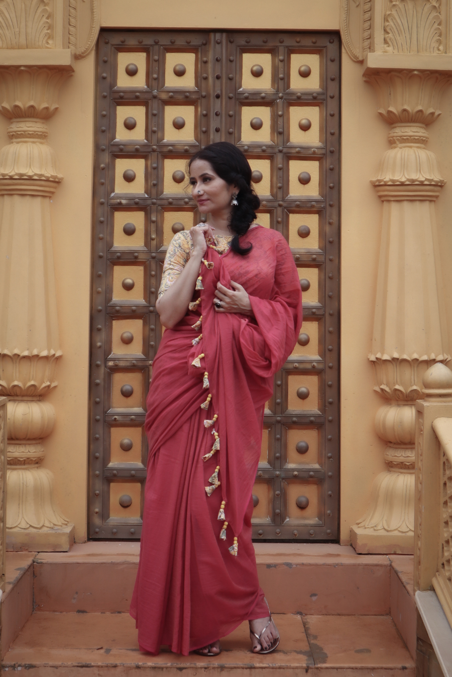 Mulmul Saree with Block Printed Tassels Mitti sa Bhoora (SAREE)