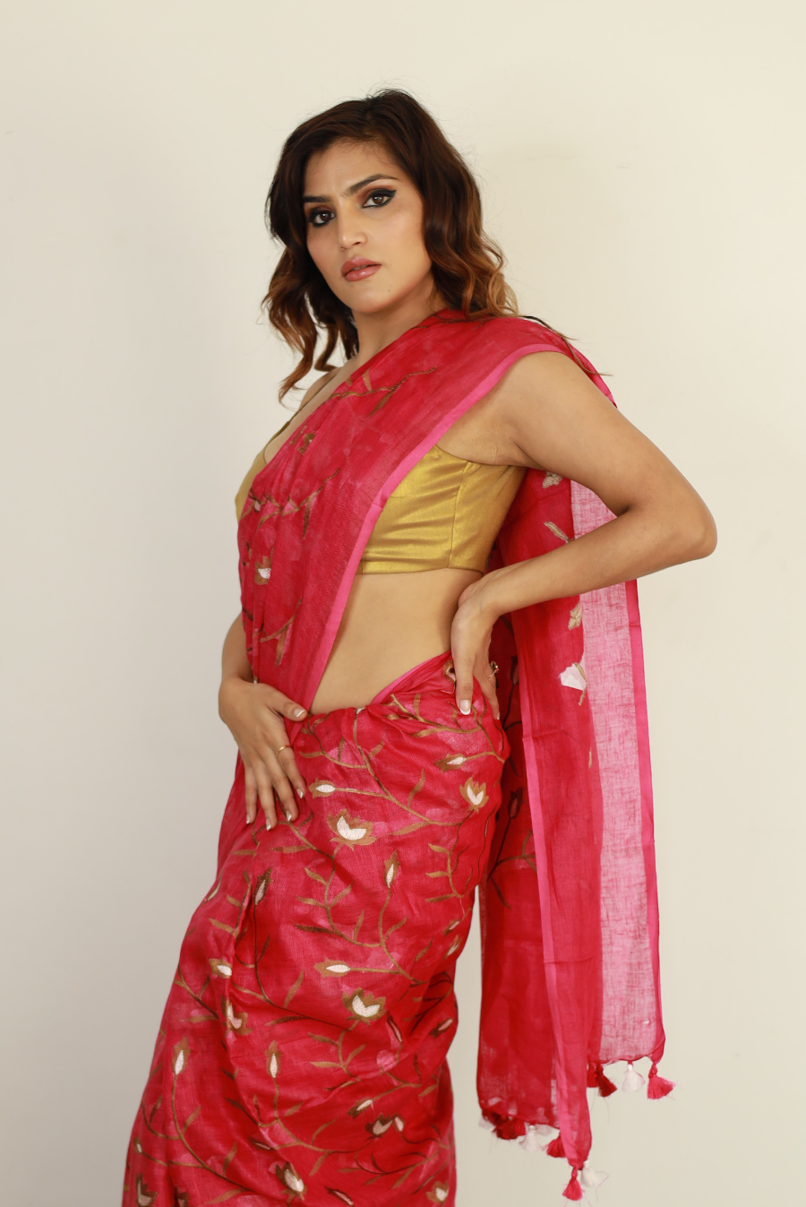 Embroidered Linen Saree Pink Agate (SAREE)