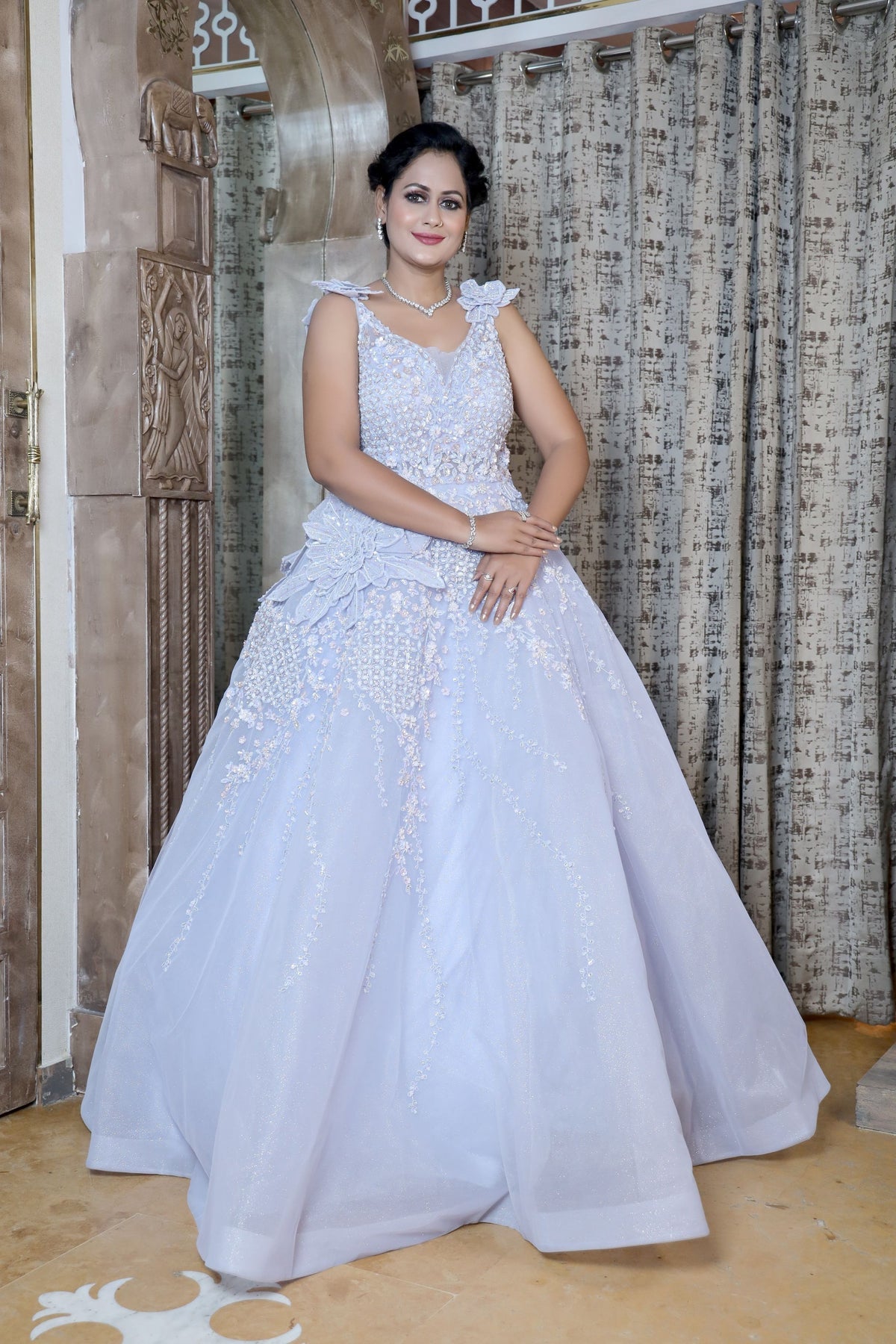 classic sky blue color floral motif embroidered gown