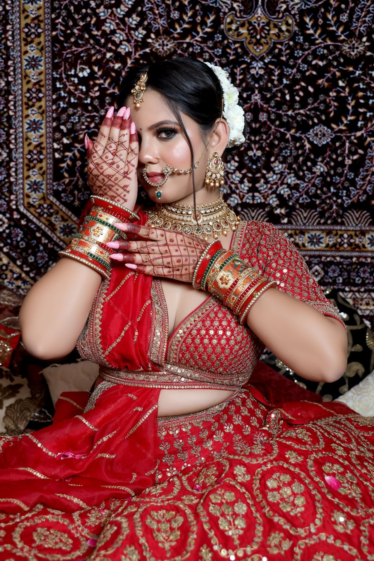 Stunning Vibrant Red Raw Silk Lehenga With Wire Work & Sequins