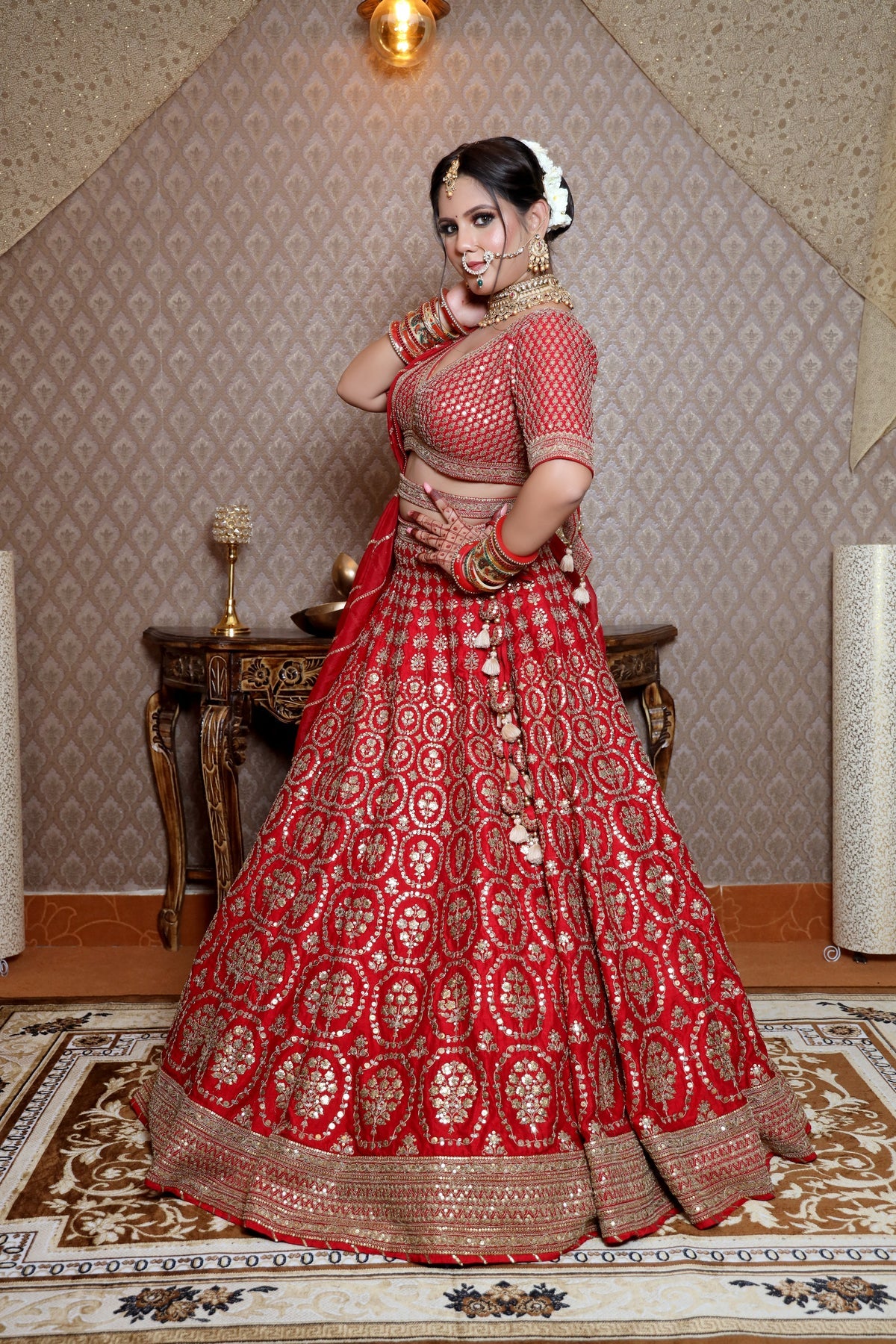 Stunning Vibrant Red Raw Silk Lehenga With Wire Work & Sequins