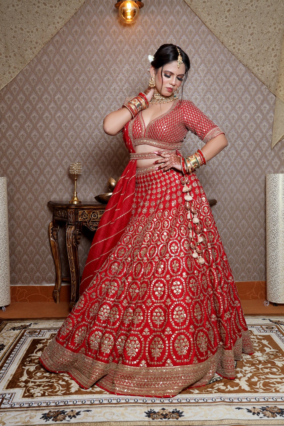 Stunning Vibrant Red Raw Silk Lehenga With Wire Work & Sequins